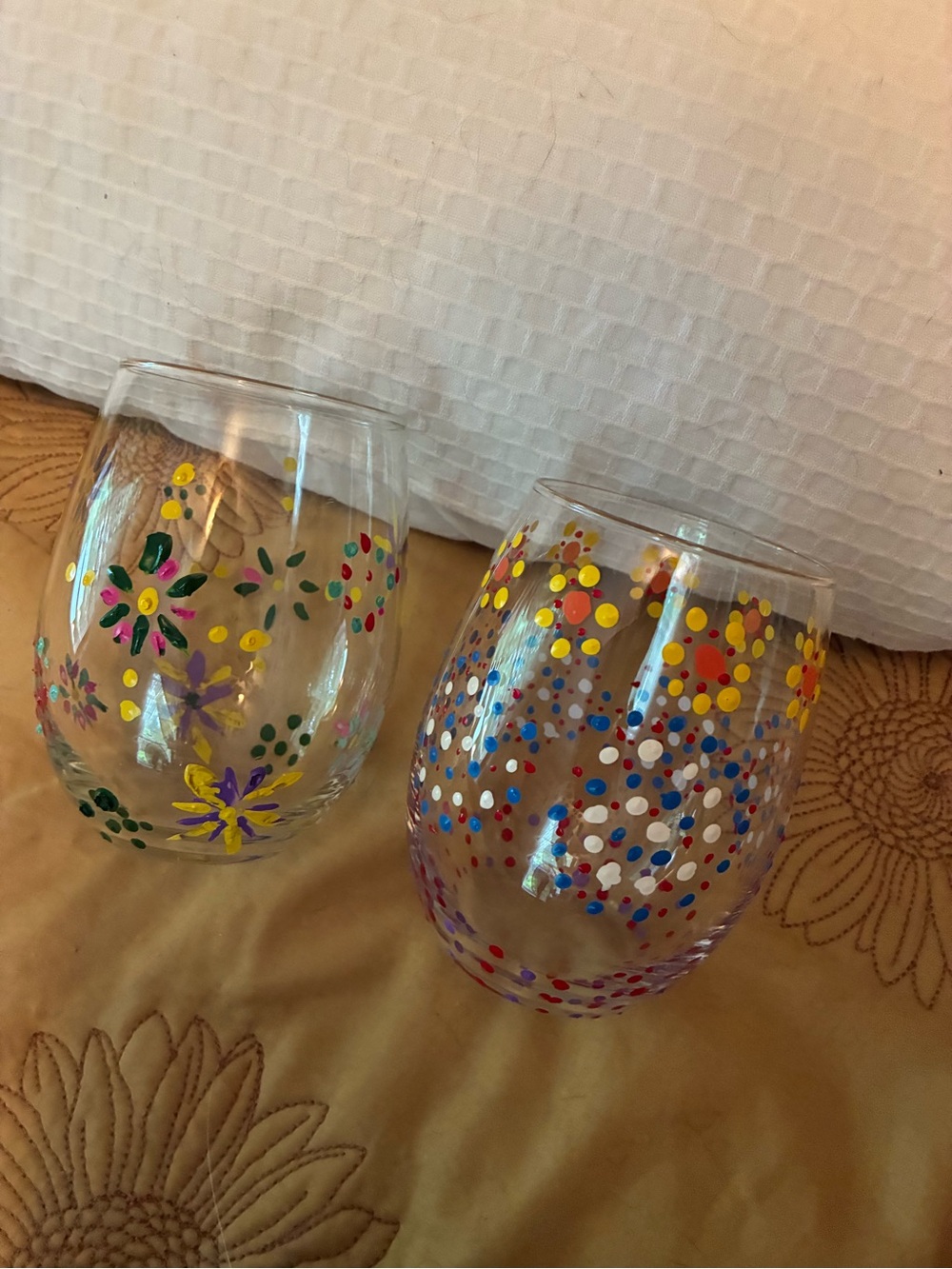 Hand-Painted Dot & Floral Stemless Wine Glasses - Set of 2 - Multicolor